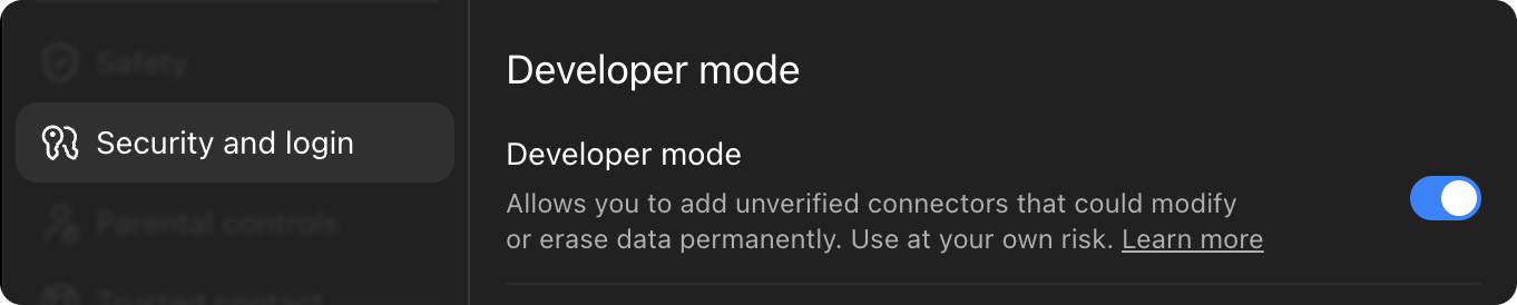The Developer mode toggle switched on under Security and login in ChatGPT settings