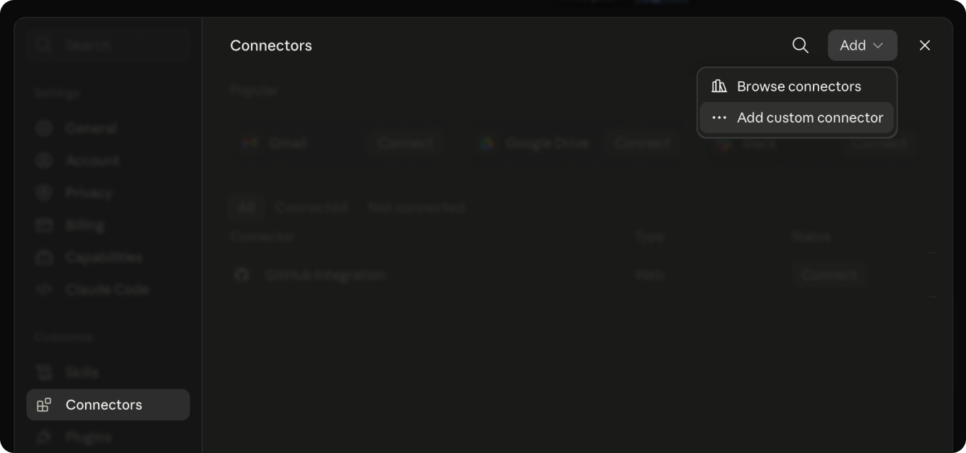 Add custom connector highlighted in the Add menu of Claude’s Connectors settings